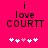 A bright pink background displays black text reading 'i love COURT' with five white and light pink pixelated hearts below.