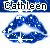Blue lips with white star and plus symbols on a white background, labeled 'Cathleen' in blue pixelated text above.