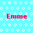 Cyan background with white circular patterns and four instances of red text reading "Emme" in a
