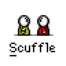 Animated contact sheet of 22 pixel art frames showing two stick figures in yellow and red performing a scuffle sequence on gray background with "Scuffle" text below each frame.