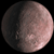 A circular pixelated image shows a celestial body with a dark shadowed left half and a light pinkish right half against a black background.