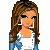 Pixel art character with long brown hair, blue jacket, white top, and blue jeans; multiple poses including full-body, close-up, and star-shaped text overlays.
