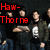 Group of people in dark clothing with red, yellow, and blue text overlays on a black background.