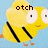 Pixelated yellow bird with wide eyes, orange beak, and black lines for legs against light blue background; text 'otch' above head.