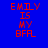 Red pixelated text 'EMILY IS MY BFR' on blue background with white horizontal bars shifting across the text in different frames.