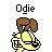 Pixelated icon of a character with brown hair in pigtails wearing yellow clothing, above the text 'Odie' on white background.