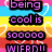Pixelated text on a rainbow striped background with white heart outlines, displaying phrases about being cool and having fun.