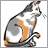Pixelated static icon of a cat with gray, white, and orange fur in a curled pose on a transparent background.
