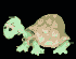 Pixelated green turtle with brown shell moves through walking, standing, and retraction poses against black background.