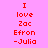 Red pixelated text on pink background with yellow highlight boxes, displaying "I love Zac Efron -Julia" in three vertical