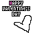 Pixelated 'HAPPY VALENTINE'S DAY' text with a white heart icon, where the 'A' in 'VALENTINE'S' cycles through pink, orange, red, and purple hues across frames.