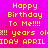 Pixelated yellow text on a pink-to-red gradient background reads "Happy Birthday To Me!!!!" with repeated lines of "x!! years old" and "IDAY APRIL IDAY APRIL".