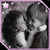 Two children in grayscale embrace against a pixelated background with pink accents and star-like shapes.
