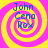 Four identical spiral patterns with yellow and pink concentric rings, each containing blue text reading "John Cena Rox" in a pixelated font.