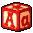 Six pixelated 3D cube icons arranged in a 3x2 grid, each displaying uppercase and lowercase letters on their visible faces with distinct color schemes.