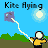 Animated contact sheet showing a pixel art kite-flying sequence with seven frames arranged in a 3x3 grid, depicting a stick figure flying a purple kite against a blue sky background.