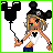 Animated contact sheet of a pixel art character with Mickey Mouse ears holding balloons, alternating between black and blue balloon colors across frames, with text variations reading "Florida 04" in green or blue.