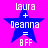 Four identical pixelated icons display 'laura + Deanna = BFF' text over a blue star on a bright pink background, arranged in a