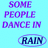 Three identical display text about people dancing in rain and getting wet, with the word 'RAIN' enclosed in a purple oval above green text on gray background