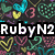 Pixelated icon with colorful heart patterns and 'RubyN2' text on dark background, rainbow gradient cube with 'ls', cloud graphic with 'Awesome' text.