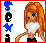Pixel art character with long orange hair, blue eyes, white crop top, black shorts; blue and black symbols on left side; red border on top-left and bottom-left