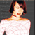 Pixelated image of a person with short brown hair wearing a white off-shoulder top against a dark gray background.