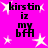 Pixelated text on bright pink background with white starbursts, repeating 'kirstin iz my bff' in four identical quadrants.