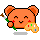 Pixel art of an orange bear with closed eyes and a smile holding a cookie, transitioning to open eyes and a wider mouth.