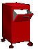 Red rolling file cabinet with open drawer showing white papers, transitioning to closed drawer across frames.