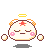 Pixel art contact sheet of six animated frames showing a round white character with pink cheeks, orange wings, and yellow halo in various poses and expressions against gray background.