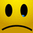 Yellow sad face emoji with black eyes and mouth on blue background, right eye has small blue pixel detail, surrounded by cyan text list.