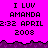 Pixelated text on bright pink background with purple jagged border, showing 'I LUV AMANDA' and timestamp '2:32 APRIL 2008', repeated across three in top