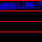 Blue pixelated text repeats across a black background with red horizontal lines, showing slight vertical misalignment between top and bottom sections.