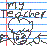 Pixelated icon with 'My Teacher' text above a stylized head outline, blue horizontal lines on white background, red vertical line left edge.