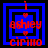 Four blue square frames with black borders contain red text reading 'ashley' and 'cirillo' with small red hearts above and below 'ashley', each frame showing a different arrangement of the inner black square.