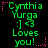 Green text on black background reads 'Cynthia Yurga :] <3 Loves you!' with pink stars and dotted lines, animated to shift star positions.
