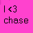 Pixelated black text on bright pink background: 'I <3' above 'chase', with a vertical line to the left of '<3'.