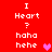 Red background with white pixelated text reading "I Heart ? haha hehe" and a pink heart symbol in the right