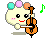 Pixelated character with pastel flower-like shapes on head plays cello, smiling with pink cheeks and red mouth.