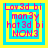 Pixelated text in pink and yellow on cyan background with layered square borders, arranged in a of four identical