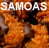 Pixelated static image with orange-brown background and white text reading SAMOAS at the top, featuring a dark central shape resembling a figure or object.