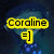 Yellow text 'Coraline' on a dark blue background with pixelated yellow symbols below.
