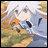 Pixelated anime-style character with white hair and blue eyes, wearing a blue outfit, standing in a landscape with orange and green tones.