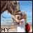 A pixelated image of a person in red and white clothing holding a horse's head, with text reading "MY BEST FRIEND IS A HORSE" across six