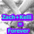 Pixelated image with cyan text on purple bars over a grayscale background showing 'Zach + Kelli = Forever' in three segments.