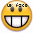 Two yellow emoji faces with wide grins and gray eyes, each displaying different pixelated text above their heads.