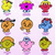 Nine pixelated character icons arranged in a 3x3 grid on light pink background, each with distinct color schemes and features.