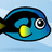Pixelated blue fish with black stripe and yellow spot on light blue background, next to cyan text "I LOVE FISH!" on solid blue background.