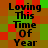 Pixelated text 'Loving This Time Of Year' repeated across a of red and green squares with brown accents