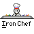 Pixel art chef character with varying hat colors and country labels above, standing behind a counter with colored items.